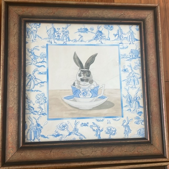 Set of Four Rabbit Teacup Prints in Wooden Frames - Picture 3 of 12